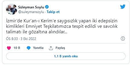 Bakan Soylu: İzmir’de Kur'an-ı Kerim'e saygısızlık yapan iki edepsiz gözaltına alındı!